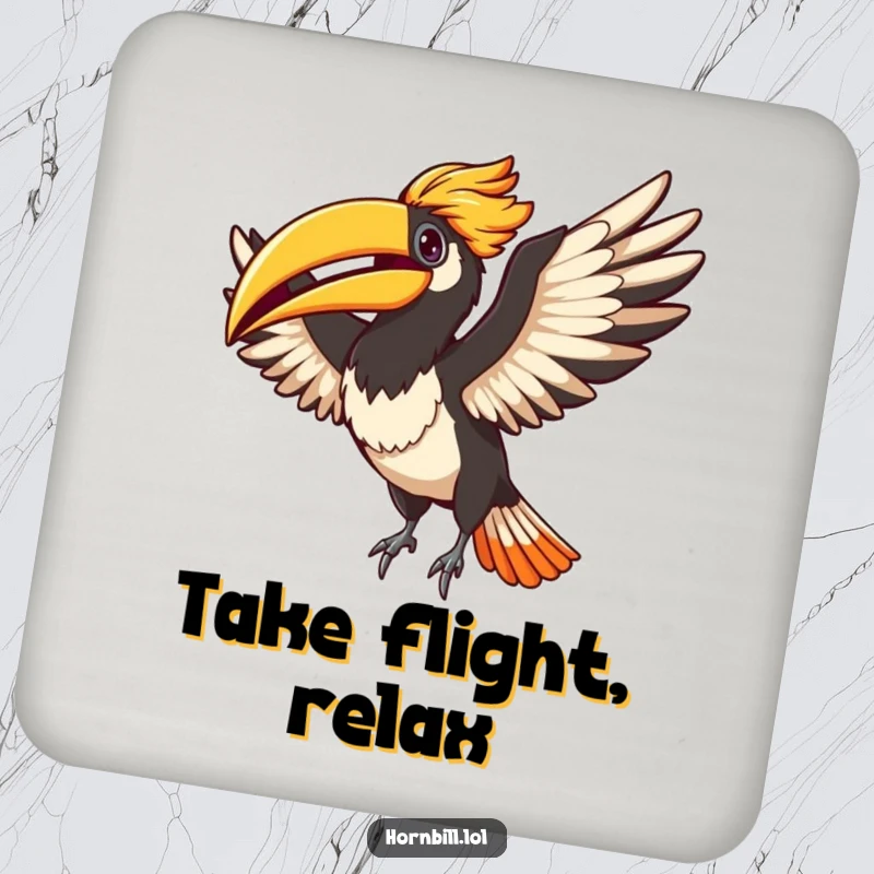 Funny Adorable hornbill flapping its wings with pure happiness, depicted on a drink coaster to add humor to tabletops.
