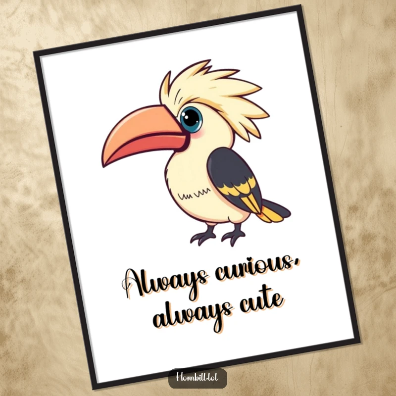 Funny Kawaii Hornbill Poster: Cute hornbill tilting casque curiously, delicate artwork, funny gift.