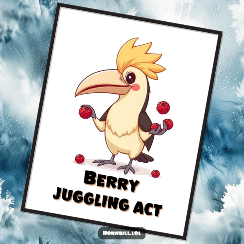 Funny Hornbill Juggler Poster, capturing a hornbill's comical look while attempting to juggle multiple small berries.