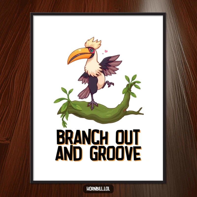 Funny Hornbill Dance Poster: A hornbill performs a whimsical dance on a mossy branch, creating a funny and lively visual.