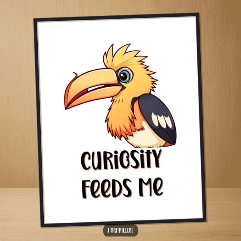 Funny Poster: Art of a curious hornbill bird tilting its head, intently examining a floating seed, detailed and captivating.