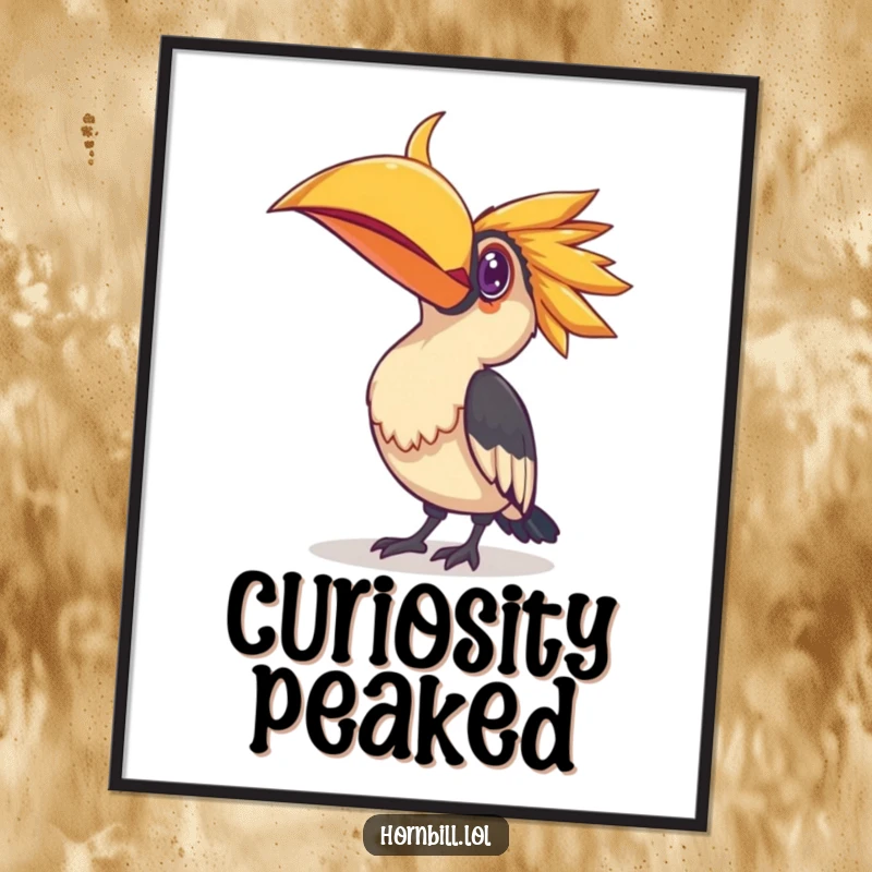 Funny poster art of a hornbill bird tilting its head curiously at a small, bright, shiny object, creating a whimsical focal point.