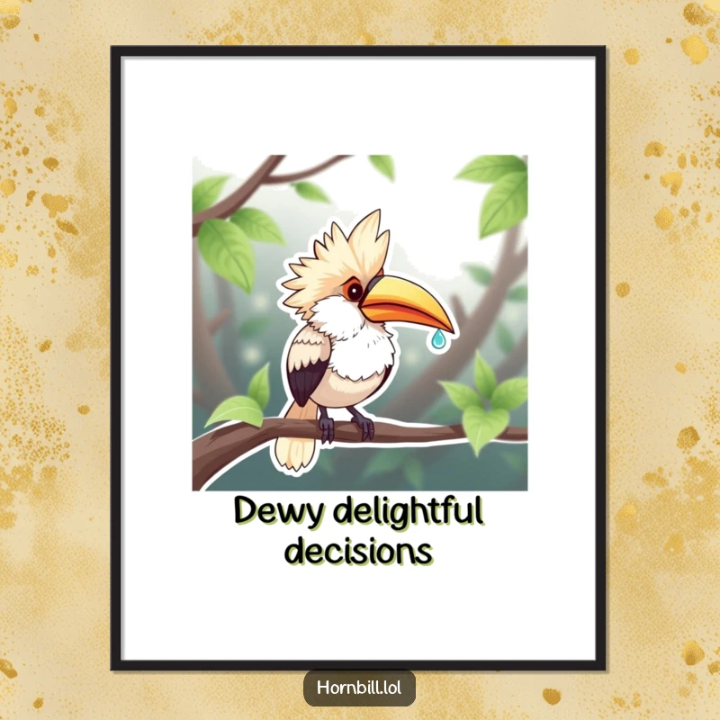 Funny Chubby Hornbill Poster: A plump hornbill gleefully sips a dewdroplet, capturing a moment of pure, funny bliss.