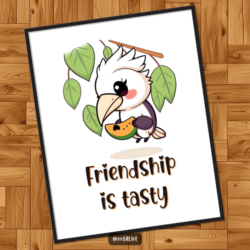 Funny poster print of a kawaii hornbill bird offering a piece of fruit to a tiny, cute companion, creating a warm and inviting atmosphere.