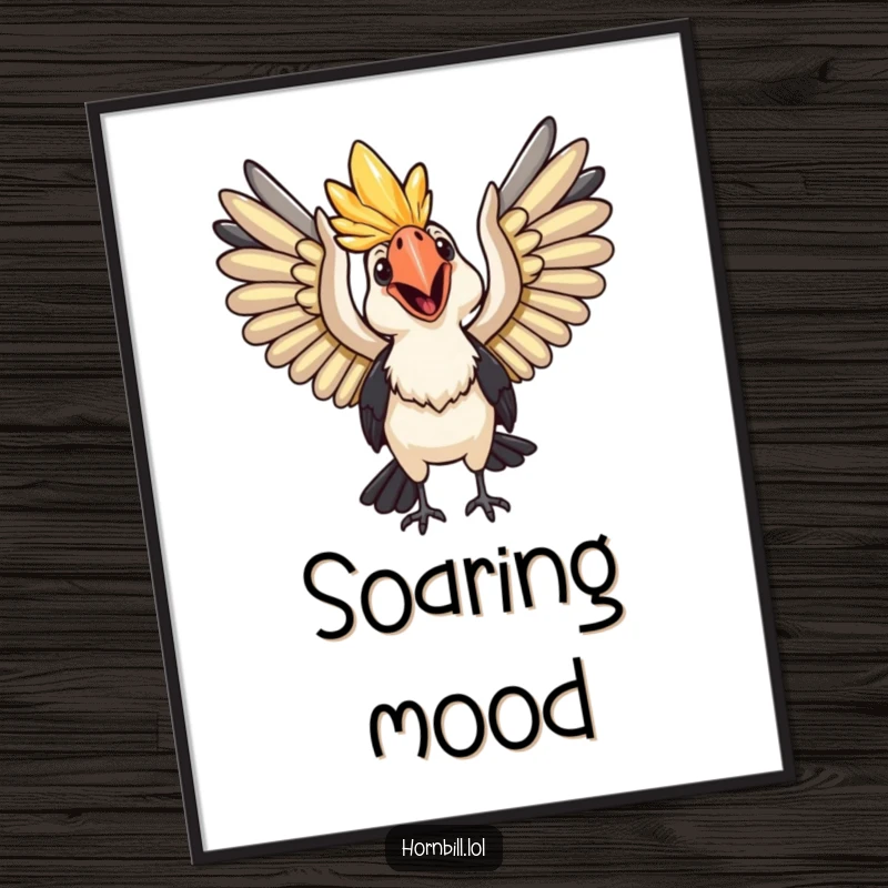 Funny Poster: A happy hornbill with wings spread wide, ready for flight, symbolizing adventure.