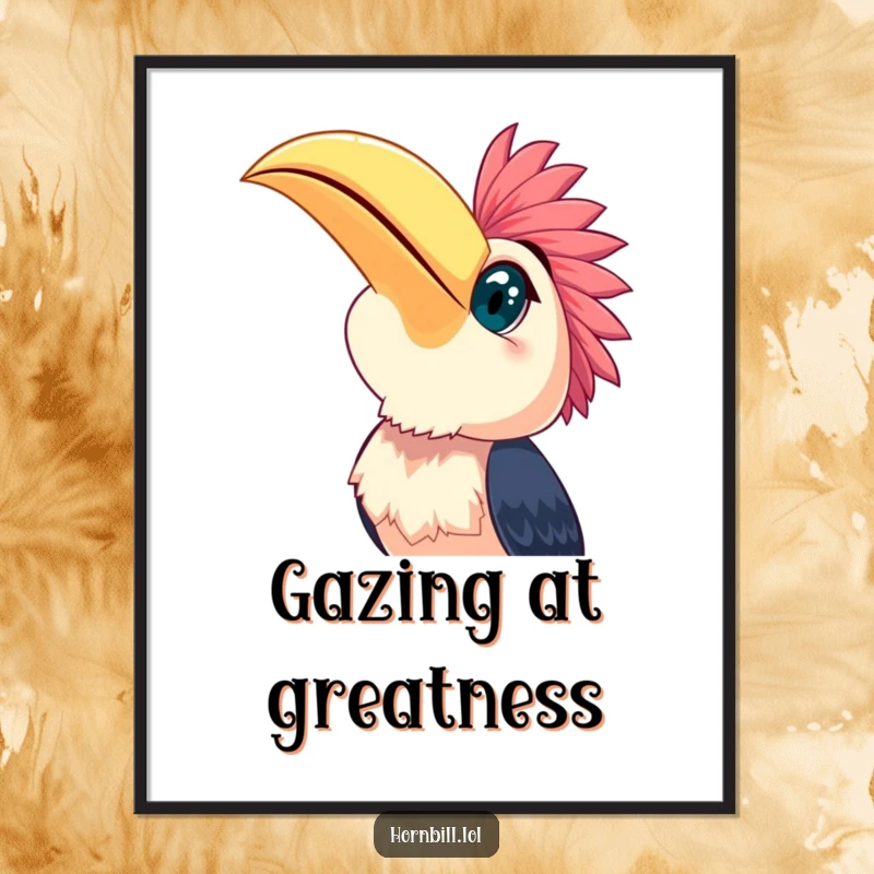 Funny happy hornbill with wide, bright eyes gazing upwards, a symbol of hope and wonder on this humorous poster.