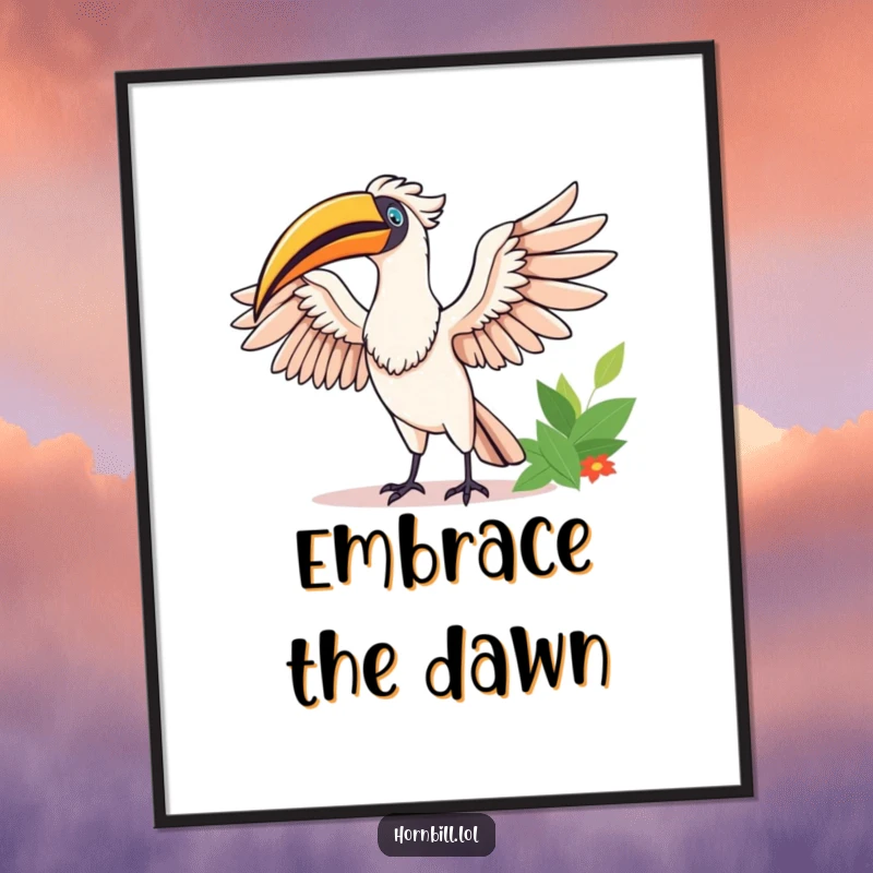 Funny Happy Hornbill Poster: A jubilant hornbill stretches its wings in the sun, radiating happiness and funny, uplifting energy.