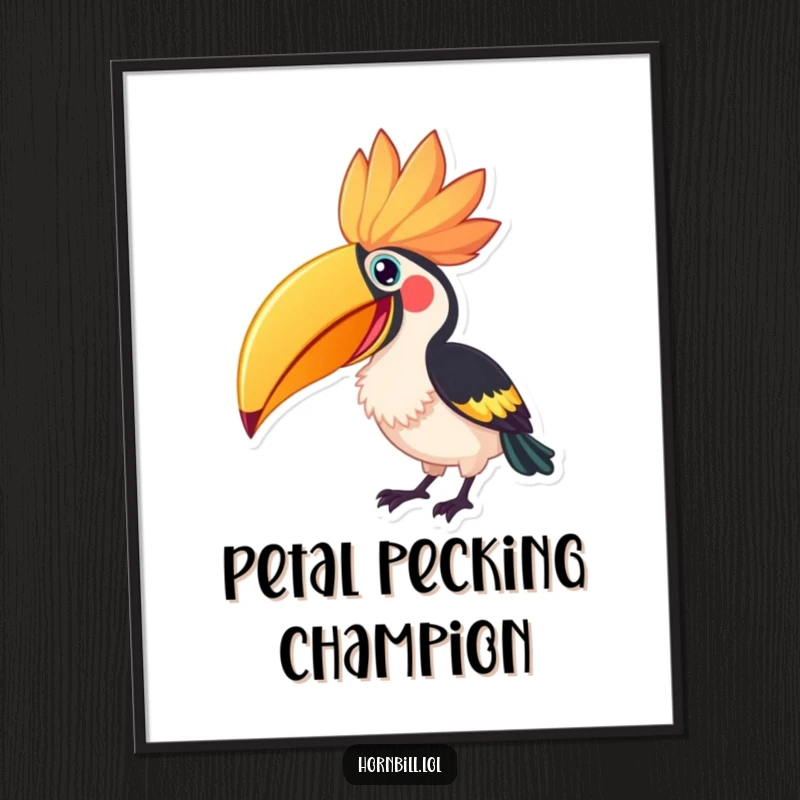 Funny Hornbill Flower Peck Poster, showcasing a hornbill with an excited expression pecking at a massive, colorful flower.