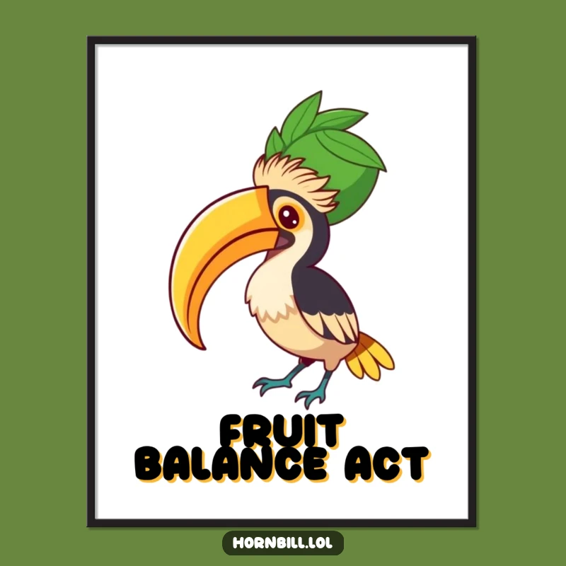 Funny Hornbill Fruit Balancer Poster - Focused Bird Art, Giant Fruit, Perfect Funny Gift