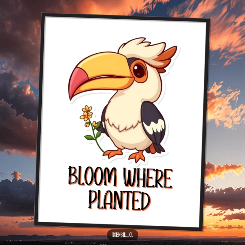Funny poster featuring a cheerful Hornbill bird with a wide grin, offering a small flower, bringing a smile to any wall.