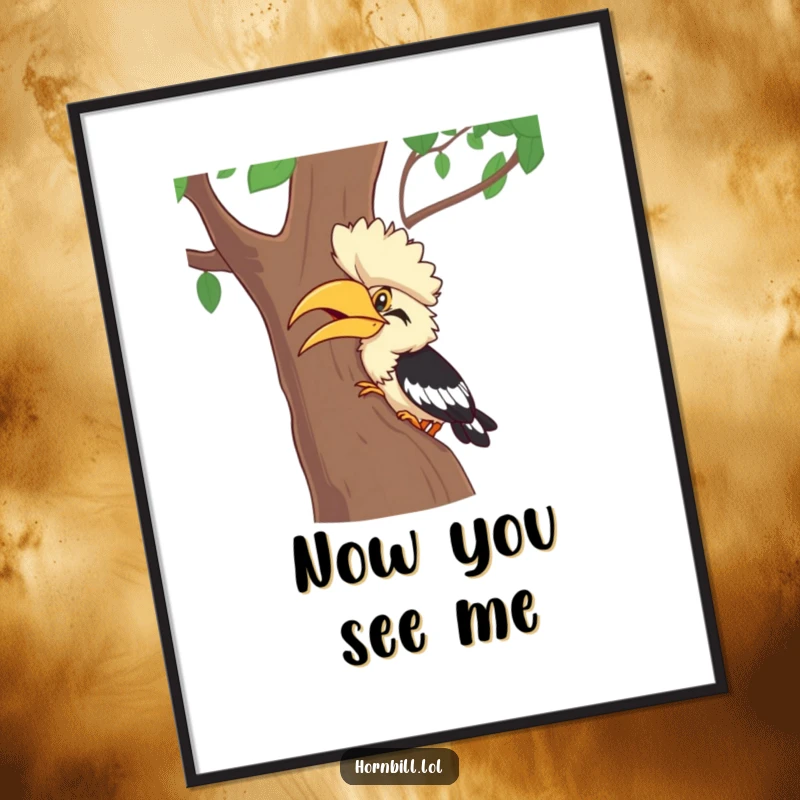 Funny Hornbill Poster: A humorous illustration of a hornbill character giggling while playing hide-and-seek behind a tree, a funny gift.