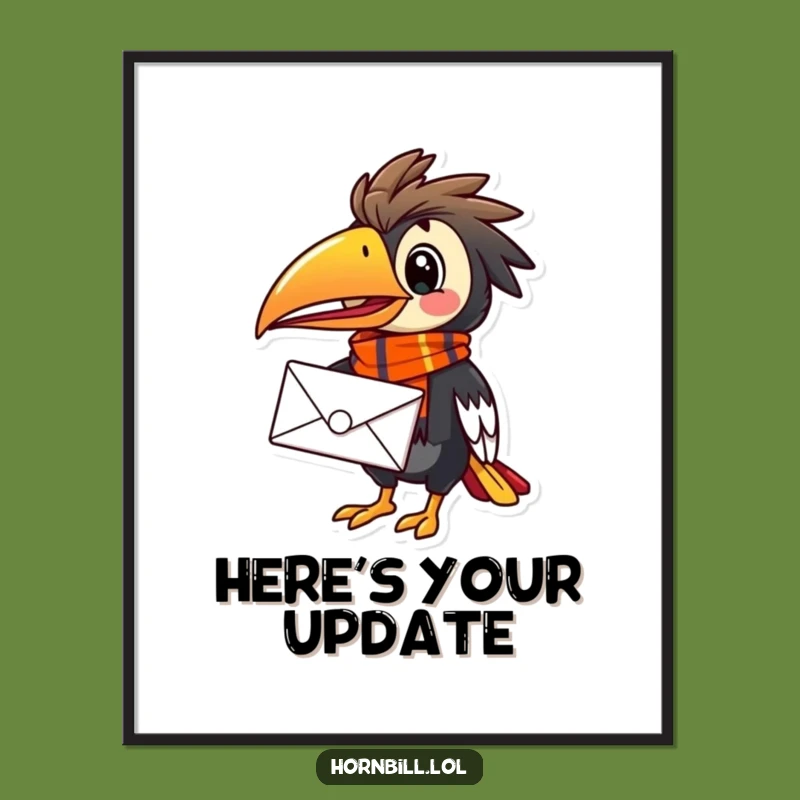 Funny Hornbill Mail Carrier Poster - Cheerful Bird Art, Vibrant Scarf, Perfect Funny Gift