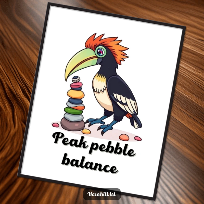 Funny poster showcasing a charming hornbill bird with a focused expression, balancing a precarious stack of colorful pebbles on its beak.