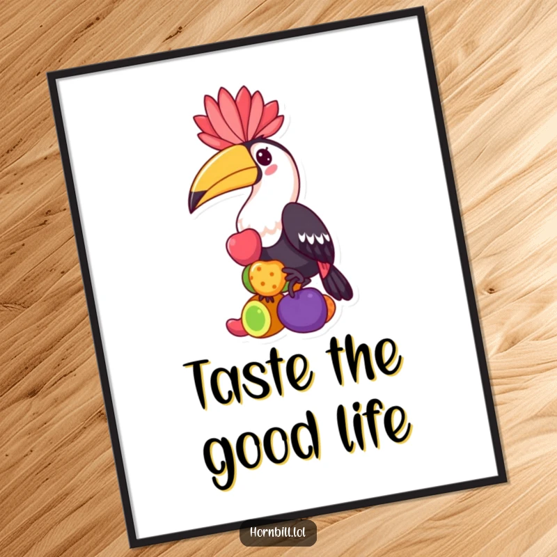 Funny hornbill poster, a kawaii bird character balancing a stack of colorful fruits, creating a visually appealing and humorous scene.