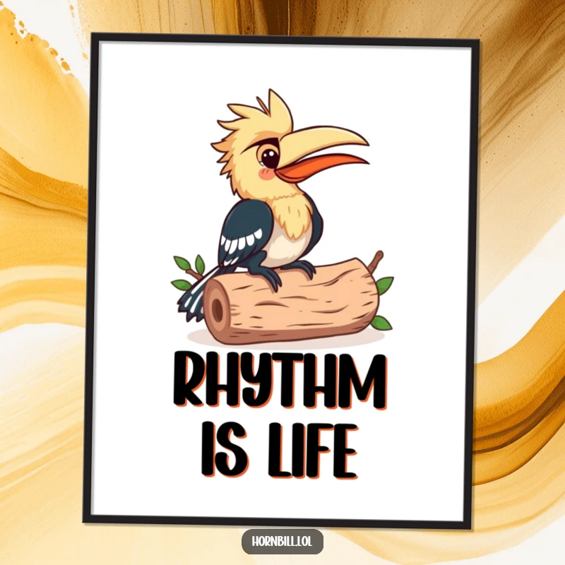 Funny Poster: Art of a happy hornbill bird creating music by rhythmically pecking a hollow log, full of joy.