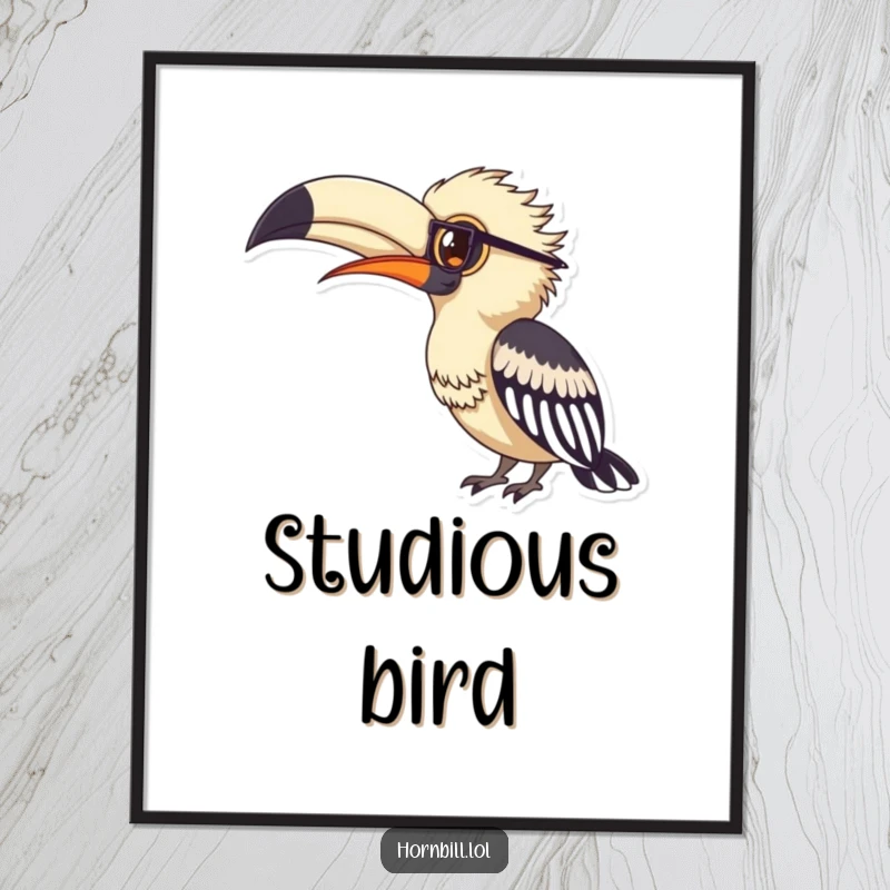 Funny hornbill bird wearing small spectacles, peering intently at a large feather, displayed as charming wall art.