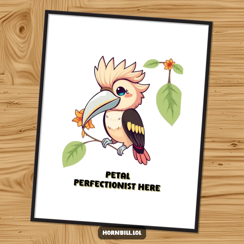 Funny Kawaii Hornbill Poster: a delightful illustration of a bird humorously pecking at a flower petal, adding charm to decor.