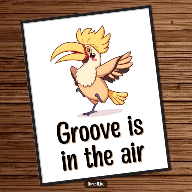Funny kawaii hornbill performing a silly flappy dance with a fluttery tail, presented as fun wall art on a poster.