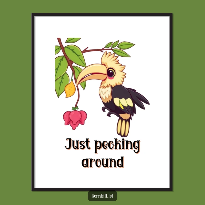 Funny Kawaii Hornbill Poster: Playful Bird Pecking Vine, Whimsical Art