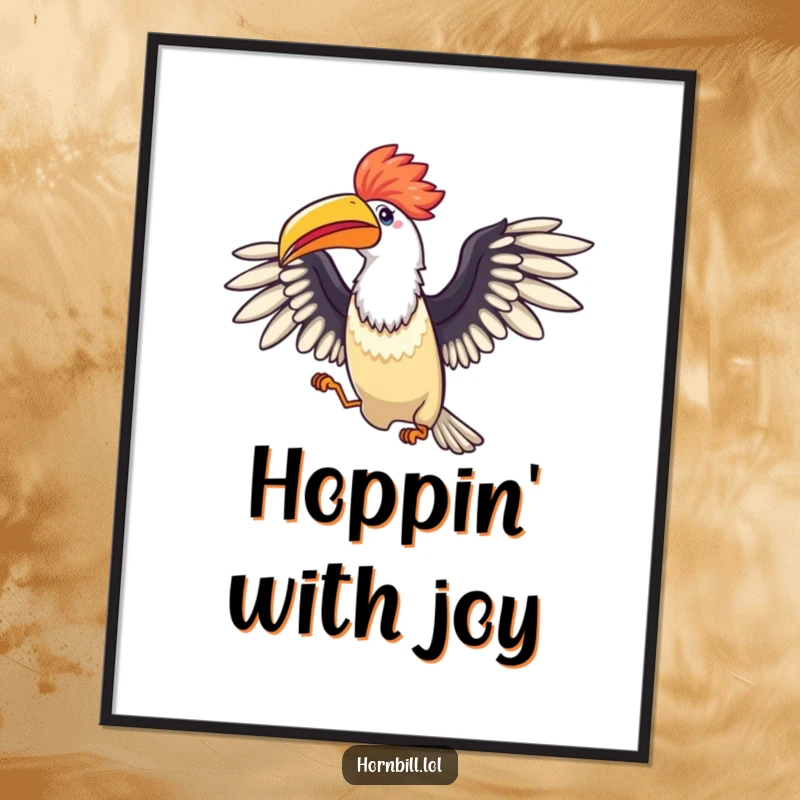 Funny Hornbill Celebration Poster: A lively artwork showing a bird with wings spread wide in the middle of a triumphant little hop.