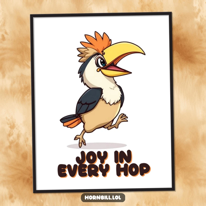 Funny Hornbill Poster: Cute hornbill character mid-hop, conveying joy and slight clumsiness, funny wall art, great gift.
