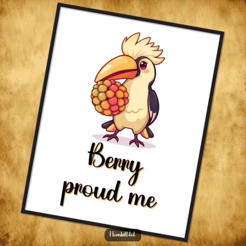 Kawaii hornbill poster, artfully depicting a proud hornbill carrying a large, colorful berry in its beak.