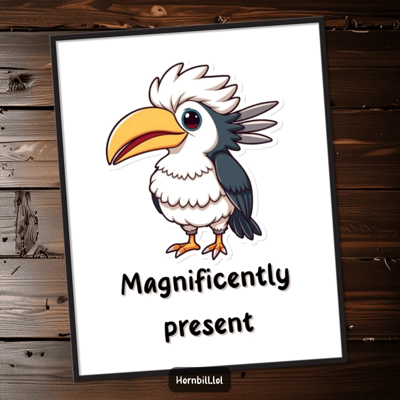 Funny hornbill poster capturing a bird puffing out its chest in a comical, proud display, adding a touch of amusing grandeur.