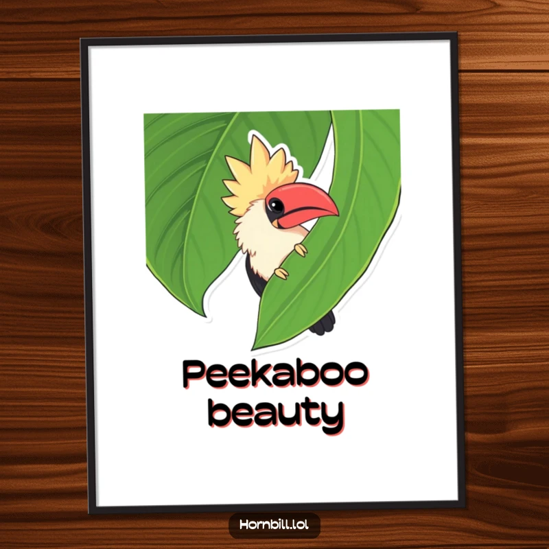 Funny chubby hornbill with a curious expression peeking from behind a large green leaf, a humorous wall art piece.