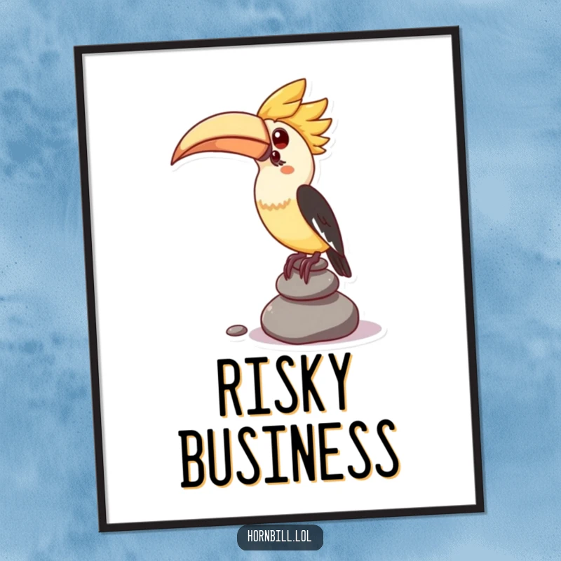 Funny poster art of a kawaii hornbill character attempting to balance a tall stack of small pebbles, ideal for quirky room decor.