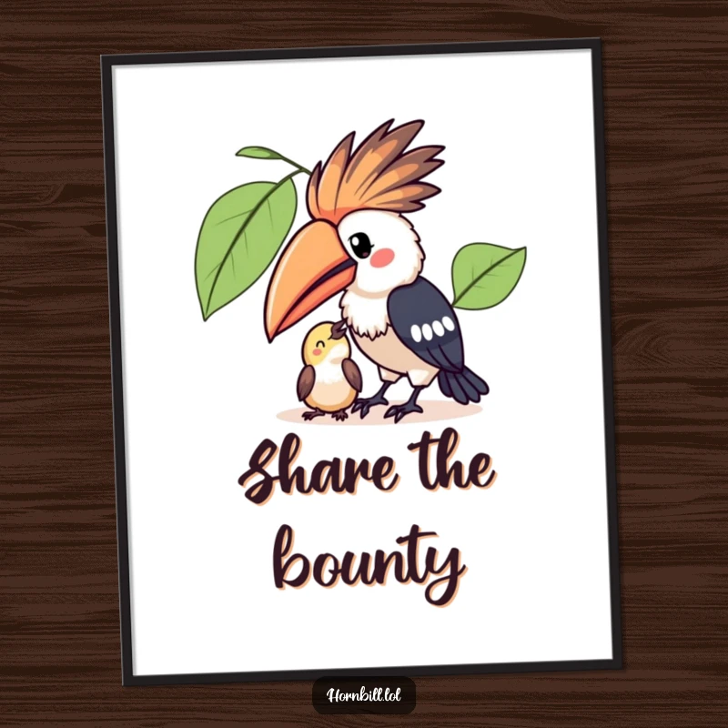 Funny Kawaii Hornbill Poster: A cute illustration of a hornbill sharing fruit, highlighting themes of generosity and adorable friendship.