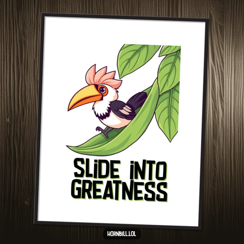 Funny kawaii hornbill captured mid-slide down a leaf, a vibrant and joyful piece of humorous wall art for any room.