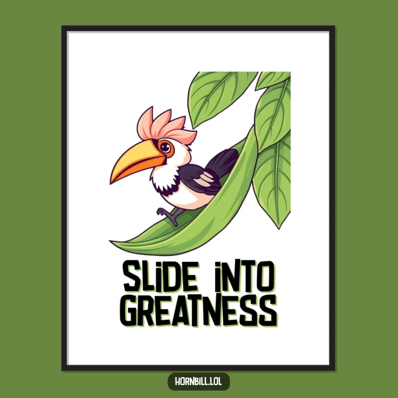 Funny Kawaii Hornbill Leaf Slide Poster - Whimsical Bird Wall Art Gift