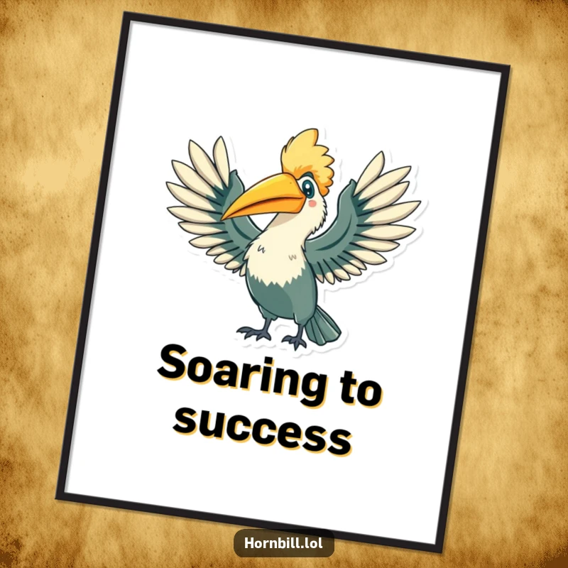 Funny Hornbill Poster: A hornbill character stretching its wings wide with a triumphant flourish, a celebratory funny gift.