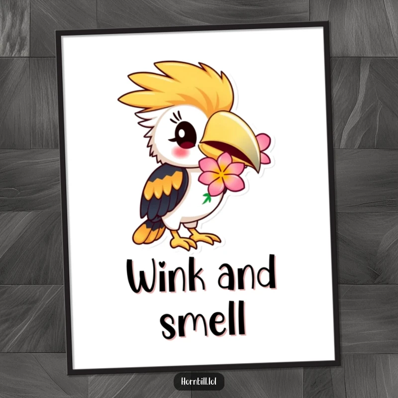 Funny Hornbill Poster: Hornbill winking playfully, holding a bright flower, charming and humorous art, funny gift.