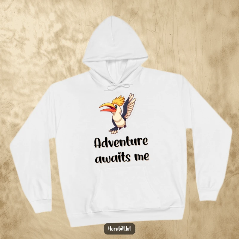 Funny kawaii hornbill looking excited, about to take flight, illustrated on a warm and cozy hoodie.