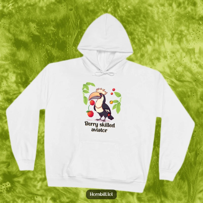 Funny hornbill hoodie depicting a playful bird enthusiastically juggling vibrant berries with its beak, offering cozy comfort and a touch of whimsy.