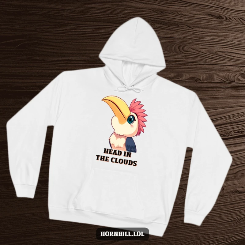 Funny happy hornbill looking up at the vast sky with wide, hopeful eyes, a comforting design on this hoodie.
