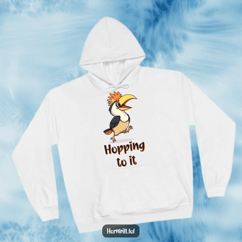 Funny Hornbill Hoodie: Cute hornbill character performing a funny clumsy hop, soft and warm, perfect funny gift.