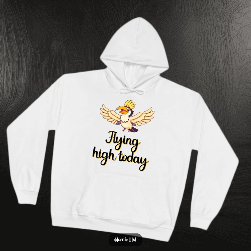Funny Hornbill Rainbow Flyer Hoodie, showing a joyful hornbill flying through a rainbow, symbolizing warmth and happiness.