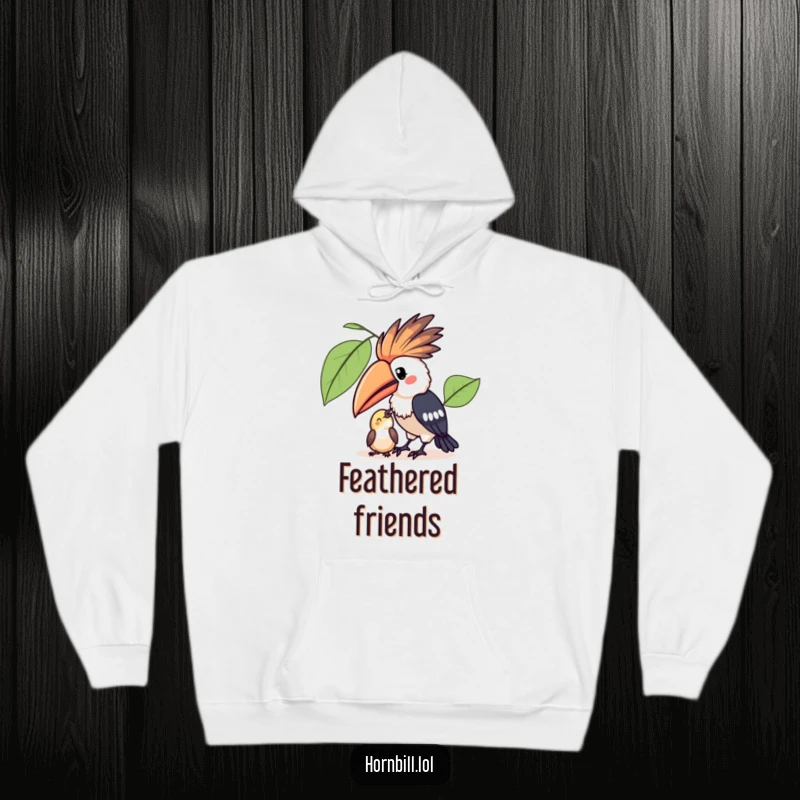 Funny Kawaii Hornbill Hoodie: A cuddly hoodie featuring a kawaii hornbill sharing fruit, representing warmth and delightful generosity.