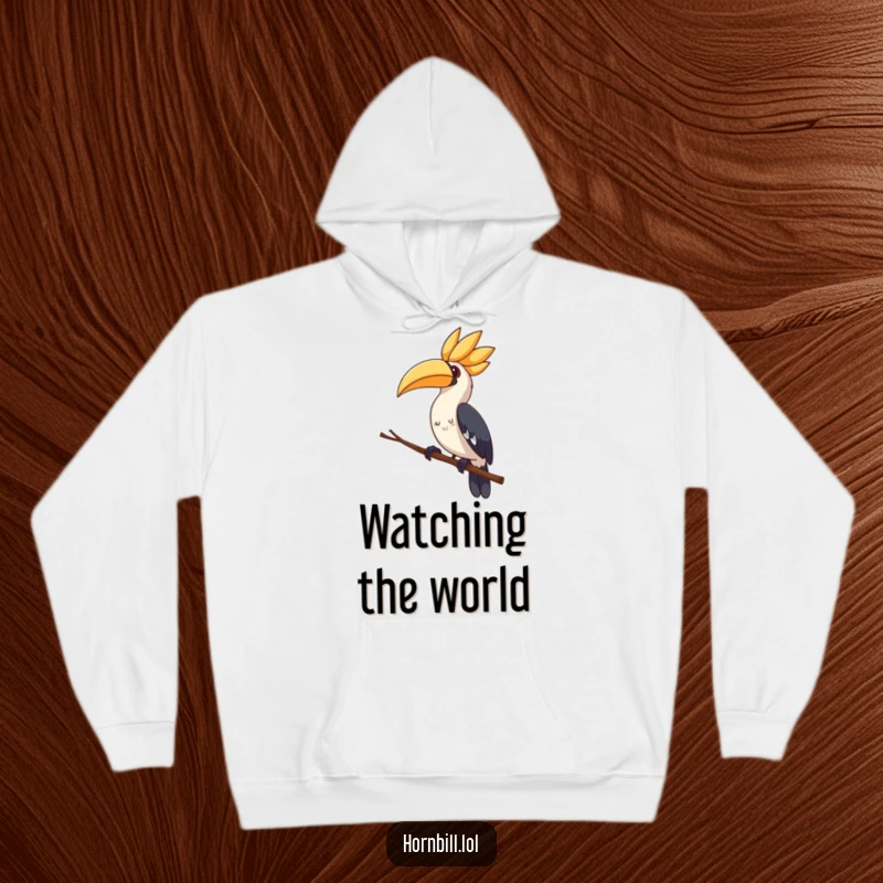 Cute hornbill hoodie, perched curiously on a thin branch, tilting its head in adorable contemplation.