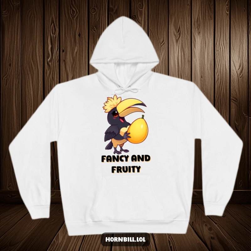 Funny Hoodie: A delighted hornbill wearing a tiny feathered cap joyfully holds a large, juicy fruit, looking extremely pleased.