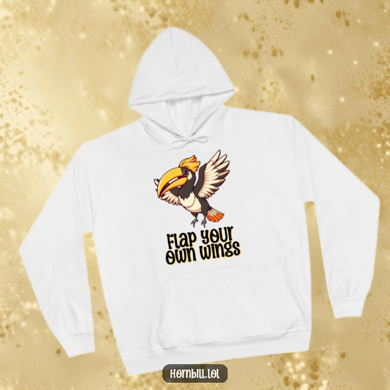 Funny Adorable hornbill flapping its wings with wild abandon, printed on a cozy hoodie for maximum comfort and cheer.