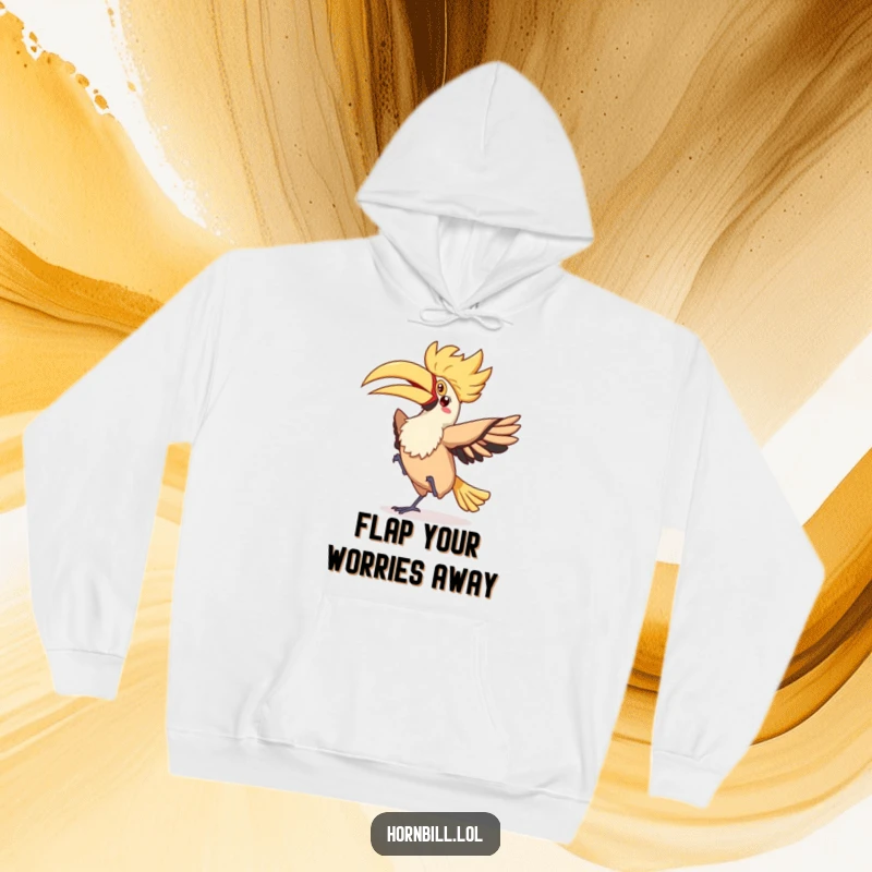 Funny kawaii hornbill performing a silly flappy dance with a fluttery tail, illustrated on a warm hoodie.