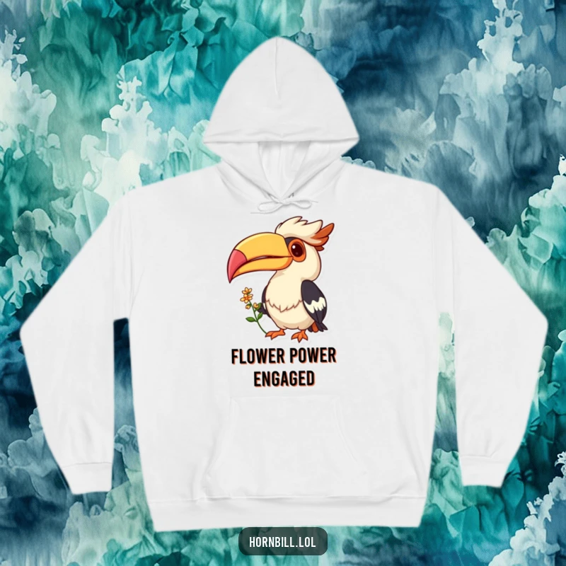 Funny hoodie design of a cheerful Hornbill bird with a wide grin, offering a small flower, exuding warmth and kindness.