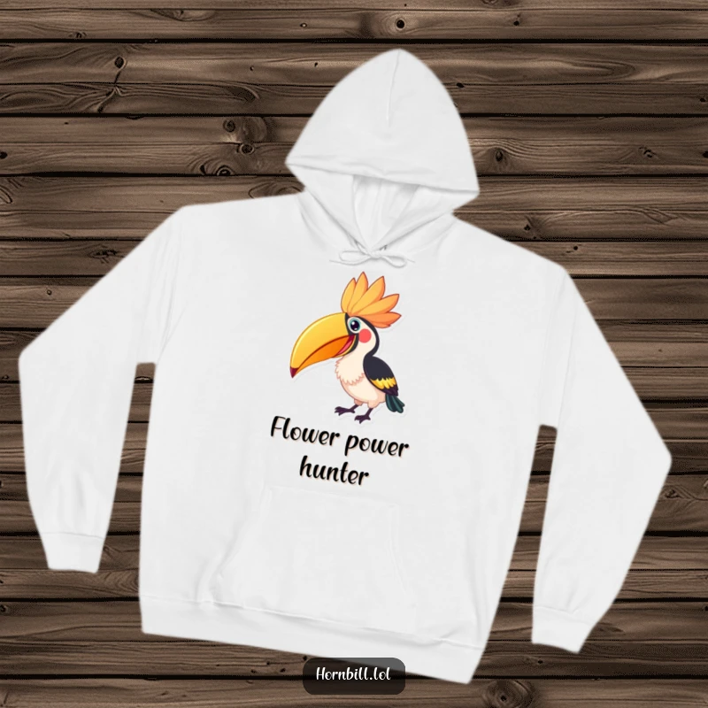 Funny Hornbill Flower Peck Hoodie, showing an excited hornbill pecking at a giant flower, symbolizing warmth and nature.