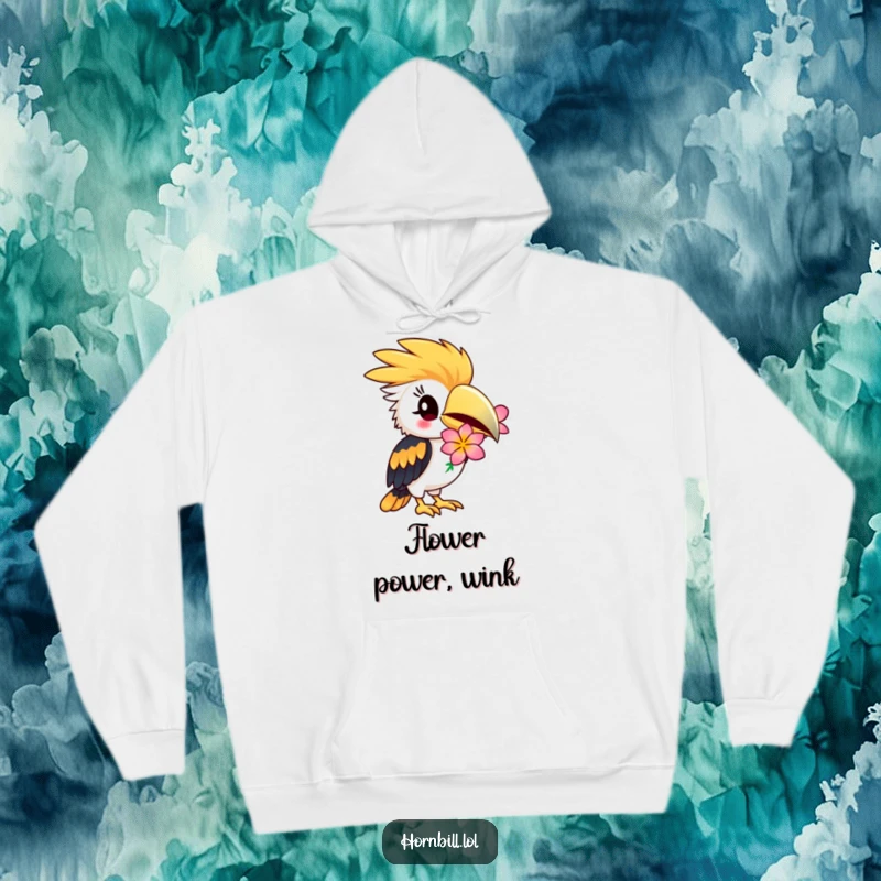 Funny Hornbill Hoodie: Hornbill winking playfully, holding a bright flower, soft and cozy, perfect funny gift.