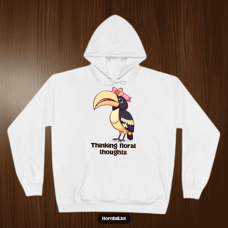 Funny Curious Hornbill Hoodie: A warm hoodie featuring a bird tilting its head, its casque beautifully decorated with a flower.