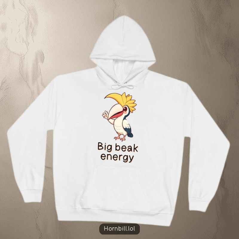 Funny Hoodie: Adorable hornbill bird friend tipping its casque down in a warm, friendly wave, perfect for chilly days.