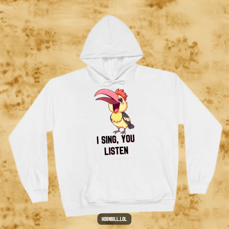 Funny Hoodie featuring a cute hornbill with beak open, singing a happy song, embodying cozy musical cheerfulness.